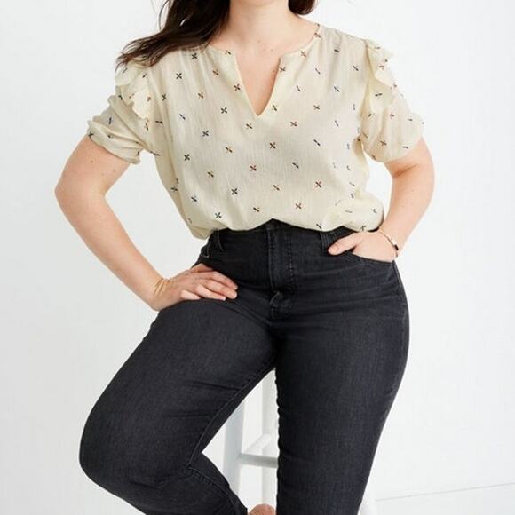 Madewell Gazebo Top XL Cream Embroidered Multicolor Notch Neck Short Sleeve - Picture 1 of 13